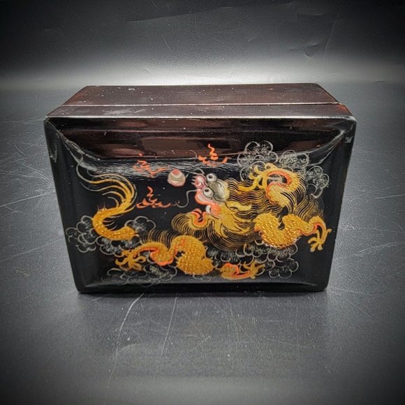 Vintage Black Lacquerware Handpainted Dragon Nesting Boxes Group Of 4 Rare - Picture 1 of 12